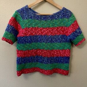 Vintage Jantzen Rainbow Colorblock Stripe Sweater Short Sleeve Wool? Size M READ